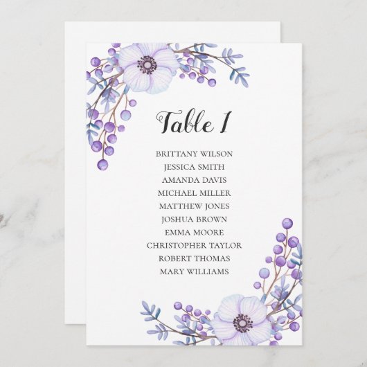 Invitation Tableau de sièges mariage violet. Plan de tableau  (Devant / Derrière)