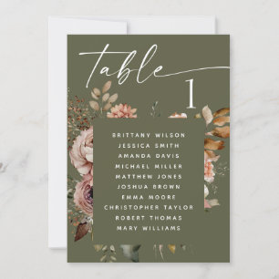 Invitation Tableau des sièges mariages fleuris vert olive fon