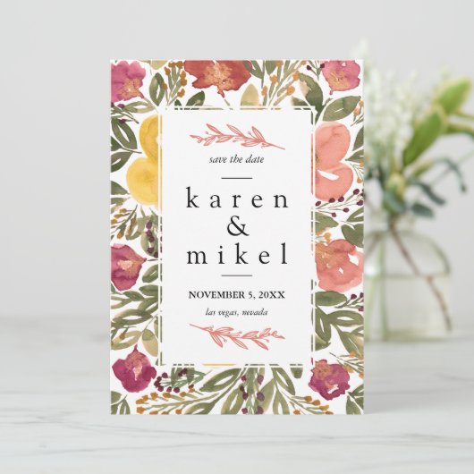 Invitation Tableau en fleurs botaniques Enregistrer la date I (Debout devant)