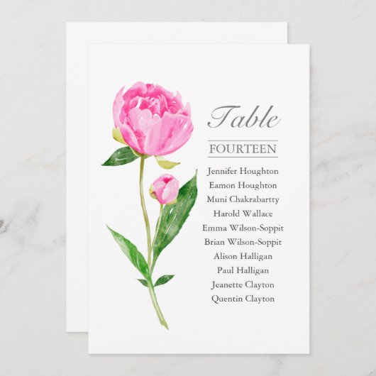 Invitation Tableau Mariage simple rose Peony | (Devant / Derrière)
