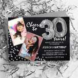 Invitation Tableau noir Ballons d'argent 2 Photo 30e annivers<br><div class="desc">Fêter ses 30 ans ! Ces invitations vous permettent de télécharger une photographie avant et après de l'homme ou de la femme d'anniversaire dans un cadre argenté, avec le titre "Cheers to 30 Years!". Doté d'un arrière - plan de tableau noir rustique, de ballons d'hélium argentés, de faux éclats de...</div>