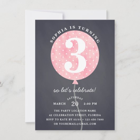 Invitation Tableau noir Balloon rose Fille Anniversaire (Devant)