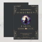 Invitation Tableau noir Chat noir doré Lune Halloween (Devant / Derrière)