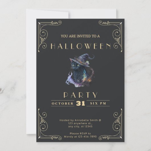 Invitation Tableau noir Chat noir Halloween noir et or (Devant)
