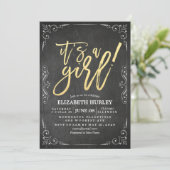 Invitation Tableau noir et blanc baby shower à cadre floral (Debout devant)