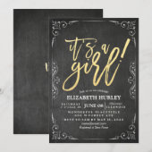 Invitation Tableau noir et blanc baby shower à cadre floral (Devant / Derrière)