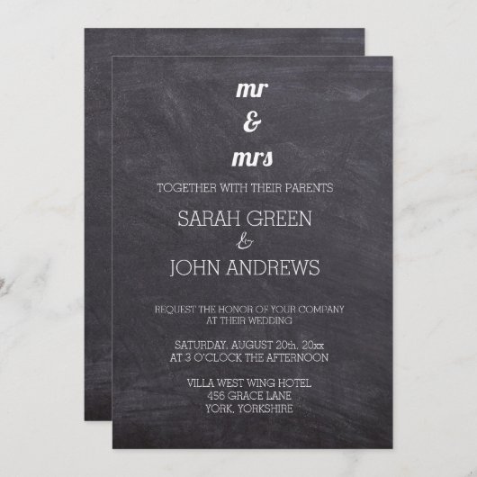 Invitation Tableau noir et blanc M & Mme Mariage (Devant / Derrière)