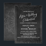 Invitation Tableau noir et mandala : célébration après mariag<br><div class="desc">Cette carte de réception de mariage sophistiquée mais rustique présente une image de fond de tableau noir texturé surimposée de mandalas blancs subtils. Ceux-ci ont été placés le long des bordures du haut et du bas de l'avant, et un mandala complet et centré apparaît également au dos de la carte....</div>