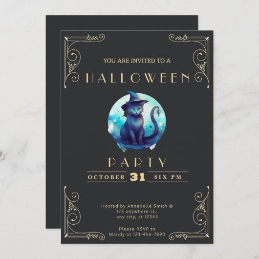 Invitation Tableau noir et or Bl ; ack Chat Halloween (Devant / Derrière)