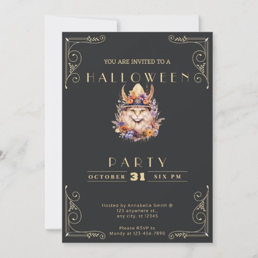 Invitation Tableau noir et or Boho Chat Halloween (Devant)