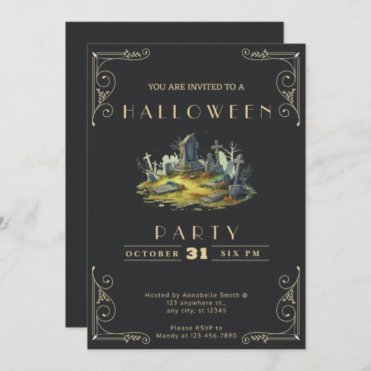 Invitation Tableau noir et or cimetière Halloween (Devant / Derrière)