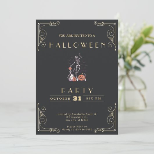 Invitation Tableau noir et or Squelette Grave Halloween squel (Debout devant)
