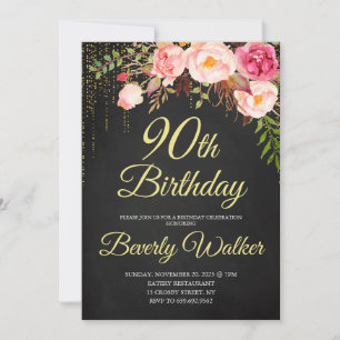 Invitation Tableau noir Femmes 90e anniversaire Floral