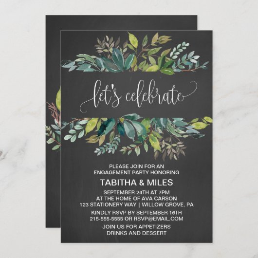 Invitation Tableau Noir Feuillage Fêtons la Fête de Fiançaill (Devant / Derrière)