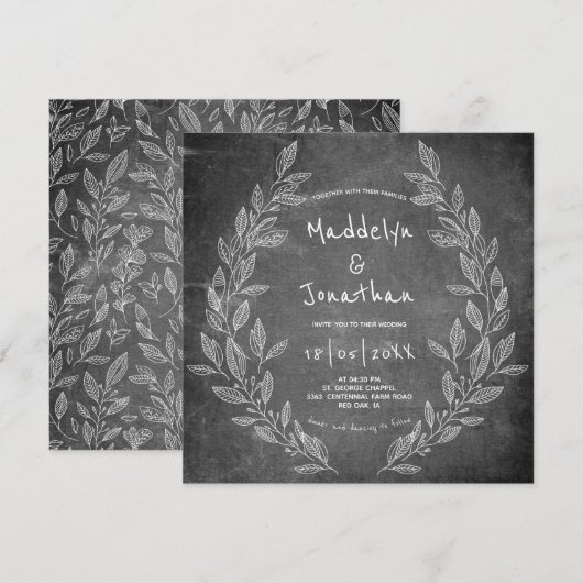 Invitation Tableau Noir Floral Mariage Rustique Blanc (Devant / Derrière)