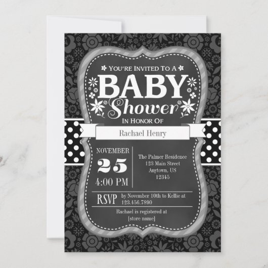 Invitation Tableau noir gris Chalkboard Floral Baby shower In (Devant)