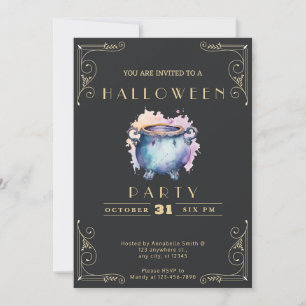 Invitation Tableau noir Halloween Chaudron Noir & Or Bleu