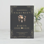 Invitation Tableau noir Halloween Crâne & Fleurs Noir & Or (Debout devant)