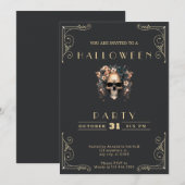 Invitation Tableau noir Halloween Crâne & Fleurs Noir & Or (Devant / Derrière)
