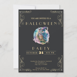 Invitation Tableau noir Halloween Hibou Pastel Noir & Or