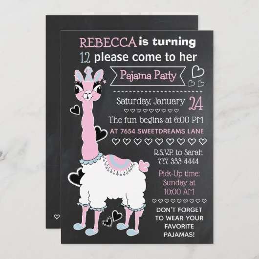 Invitation Tableau noir Llama blanc rose noir 12ème (Devant / Derrière)