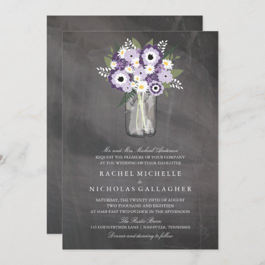 Invitation Tableau noir Mason Jar violet Garden | MARIAGE (Devant / Derrière)