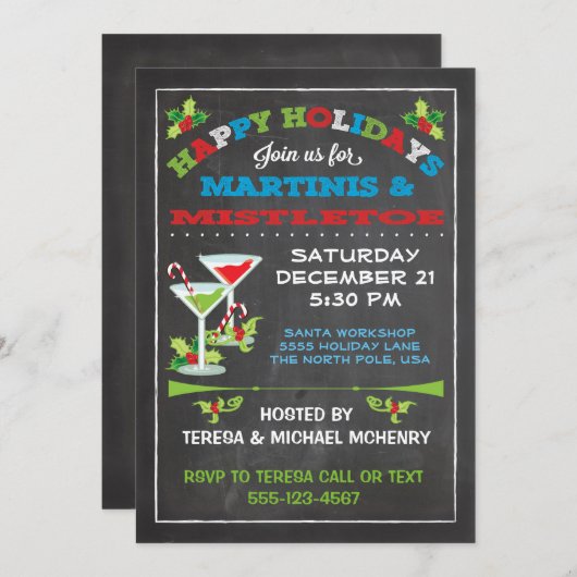 Invitation Tableau noir Mistletoe de Noël et Martinis PARTY (Devant / Derrière)