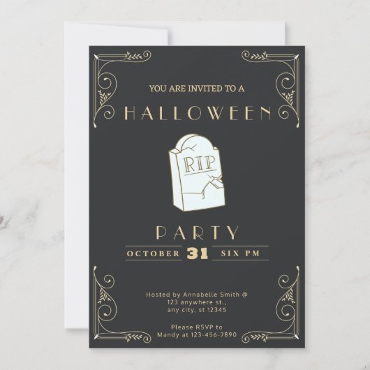 Invitation Tableau noir noir & or gris RIP Tombe Halloween (Devant)