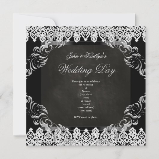 Invitation Tableau noir noir Vintage dentelle mariage Argent (Devant)