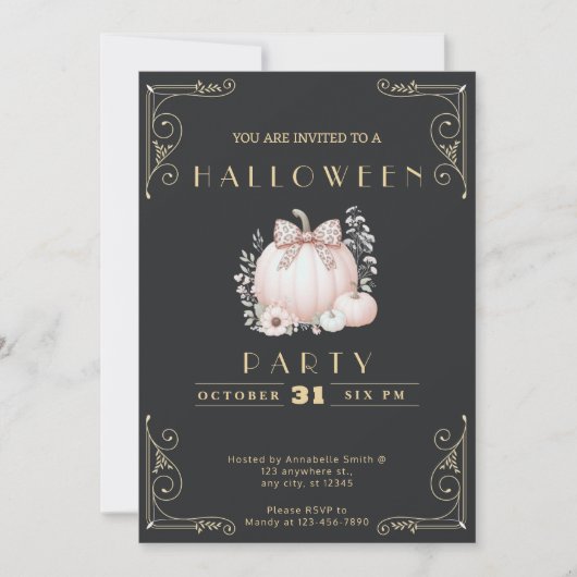 Invitation Tableau noir & or Citrouille Bow Cute Halloween (Devant)