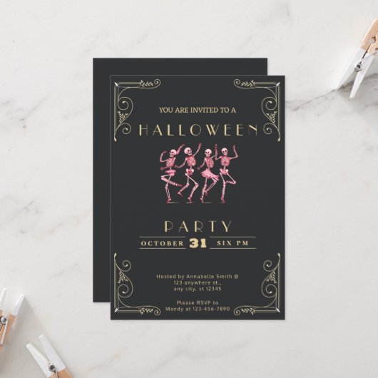 Invitation Tableau noir & or Pink Skeletons Halloween (Devant/Arrière en situation)