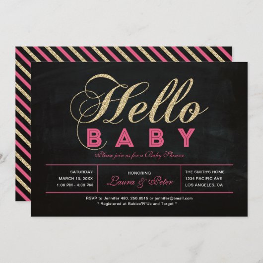 Invitation Tableau noir, Or | Typographie Baby shower fille (Devant / Derrière)