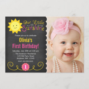 Invitation Tableau noir Petit soleil rose jaune Anniversaire