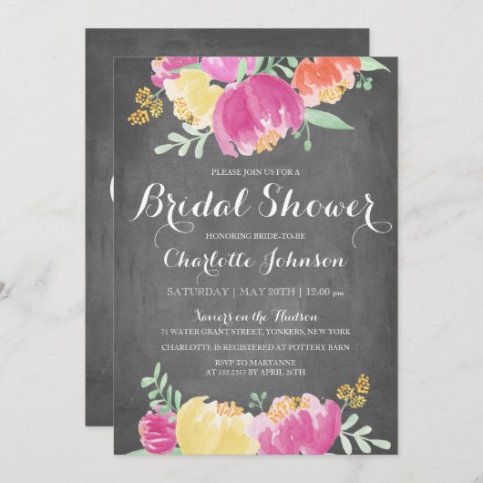 Invitation Tableau noir Posy Garden | Fête des mariées (Devant / Derrière)