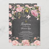Invitation Tableau noir rose floral Baptême (Devant / Derrière)