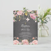 Invitation Tableau noir rose floral Baptême (Debout devant)