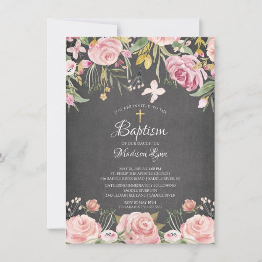 Invitation Tableau noir rose floral Baptême (Devant)