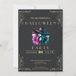Invitation Tableau Noir Sorcière Arc-en-Ciel Halloween en Or