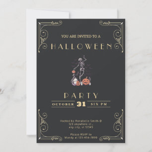 Invitation Tableau noir Squelette noir et or Tombe Halloween