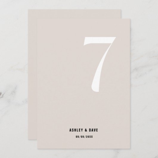 Invitation Tableau Numéro 7 Mariage beige gras Numéro de tabl (Devant / Derrière)