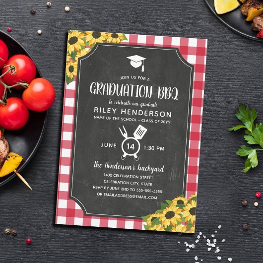 Invitation Tableau rouge En vichy Sunflower Graduation BBQ