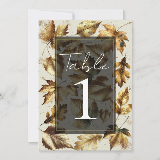 Invitation Tables de mariage beige et noir avec feuilles doré (Devant)