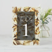 Invitation Tables de mariage beige et noir avec feuilles doré (Debout devant)