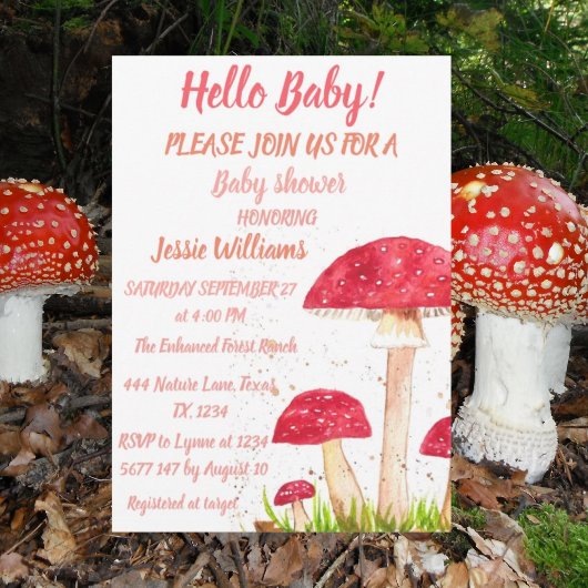 Invitation Tabourets Baby shower Champignons Nature rouge