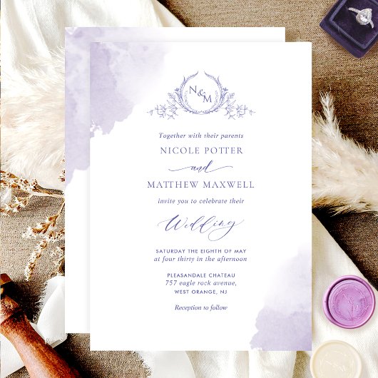 Invitation Taches d'aquarelle chic Lavender, Mariage Monogram