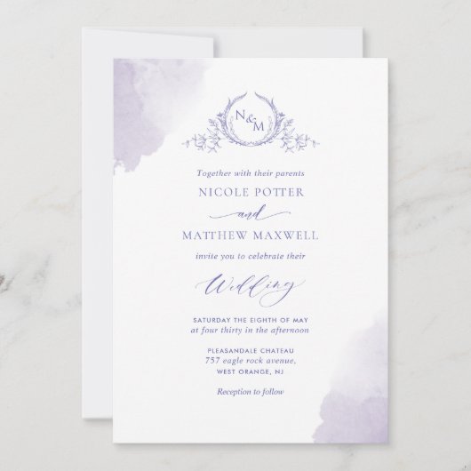 Invitation Taches d'aquarelle chic Lavender, Mariage Monogram (Devant)