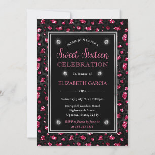 Invitation Taches de léopard pailletées rose et noir Sweet Si