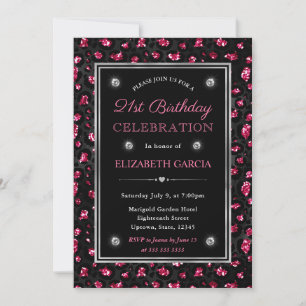 Invitation Taches de léopard Pailletées Rose et Noire pour 21