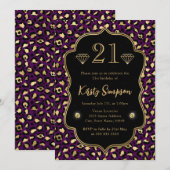 Invitation Taches de léopard violet et or 21e anniversaire (Devant / Derrière)