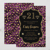 Invitation Taches de léopard violet et or 21e anniversaire (Devant / Derrière)